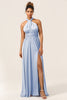 Load image into Gallery viewer, Blå sateng konvertible brudepike kjole med Slit
