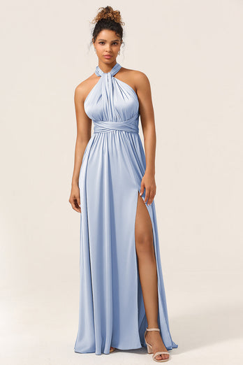 Blå sateng konvertible brudepike kjole med Slit