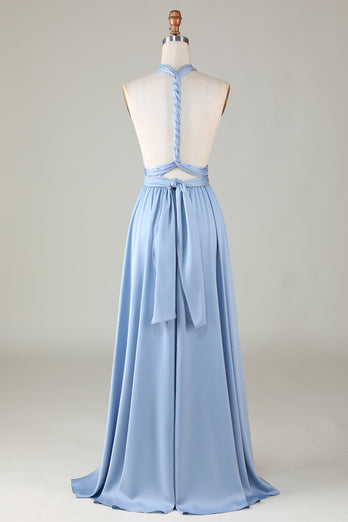 Konvertible blå sateng brudepike kjole med Slit