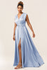 Load image into Gallery viewer, Blå sateng konvertible brudepike kjole med Slit