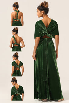 Elegant A Line V Neck Mørkegrønn Covertible Wear Fløyel Long brudepike kjole