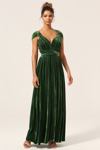 Elegant A Line V Neck Mørkegrønn Covertible Wear Fløyel Long brudepike kjole