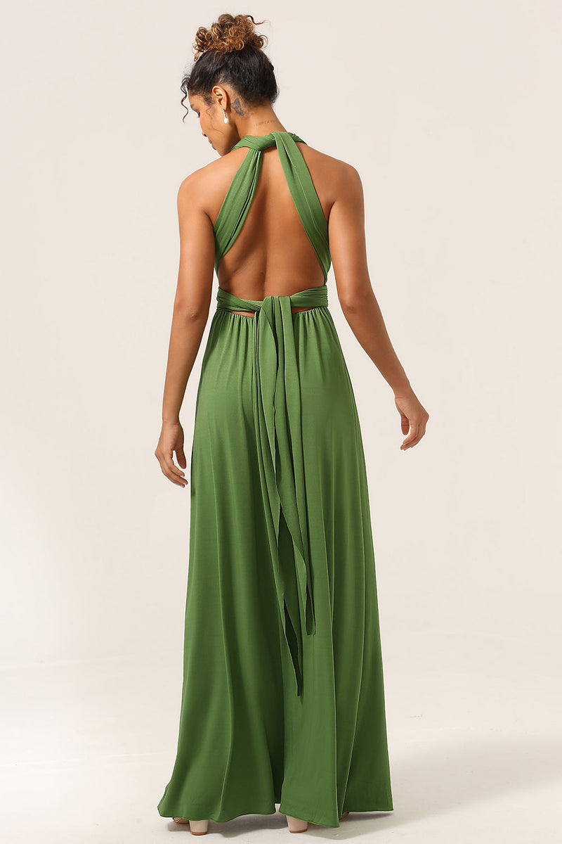 Load image into Gallery viewer, Sjarmerende A Line Olive Green Spandex Konvertible Wear Long brudepike kjole