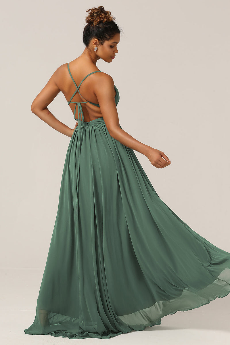 Load image into Gallery viewer, Eukalyptus Spaghetti stropper A Line brudepike kjole med Slit