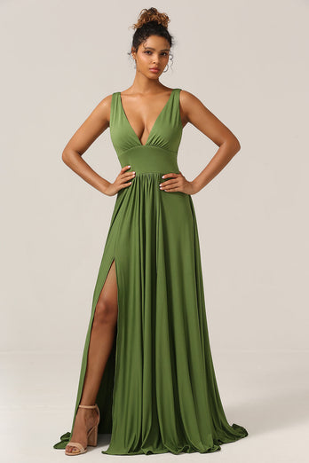 Elegant A Line Olive Deep V-hals ermeløs lang brudepike kjole