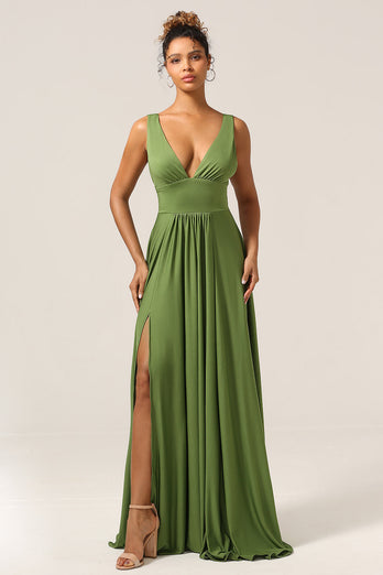 Elegant A Line Olive Deep V-hals ermeløs lang brudepike kjole