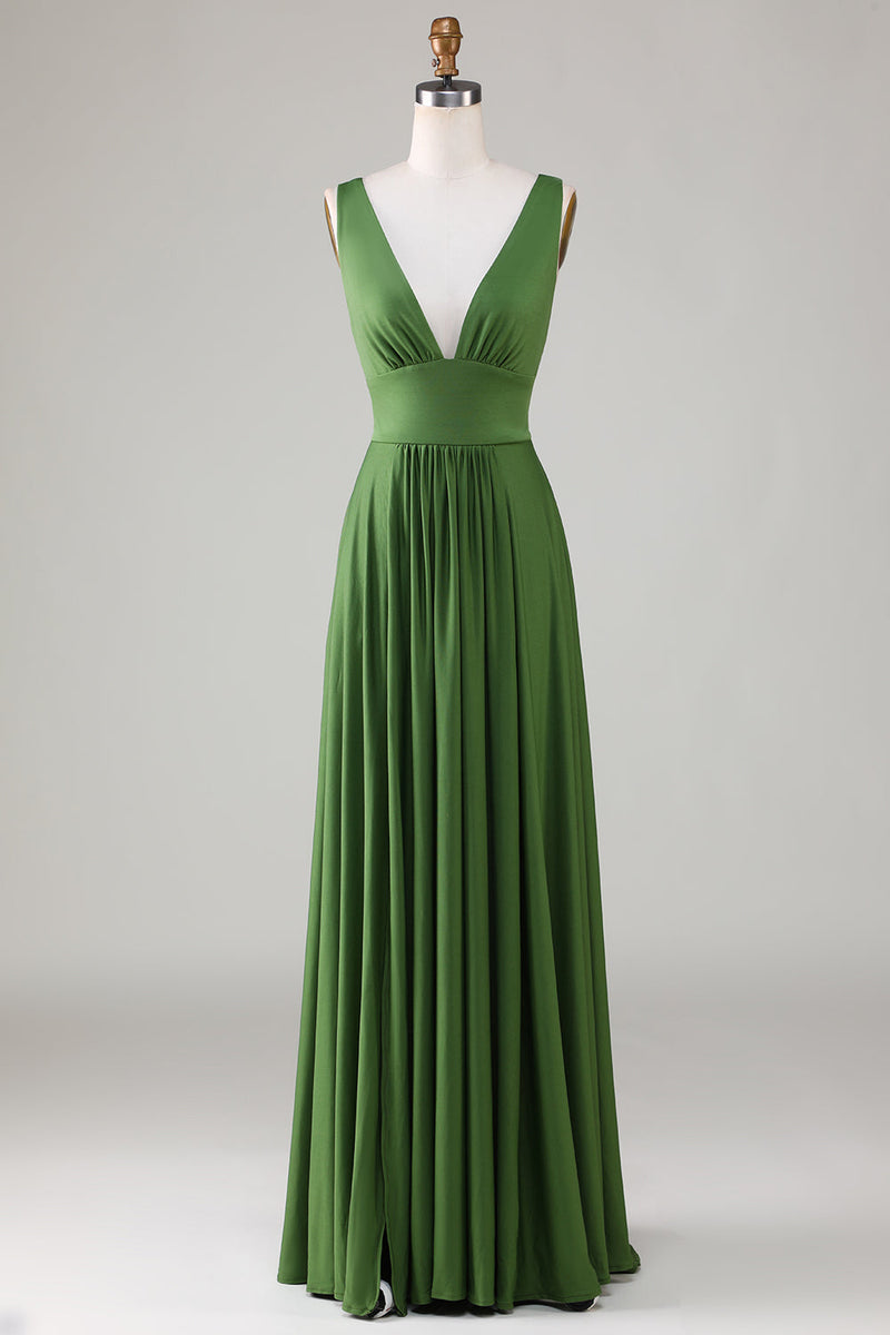 Load image into Gallery viewer, Oliven Deep V-hals ermeløs lang brudepike kjole
