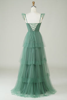 En linje spaghetti stropper lang tyll eukalyptus brudepike kjole
