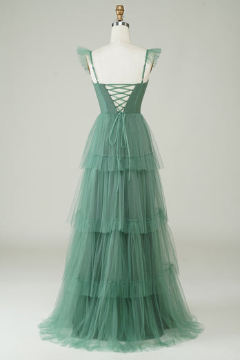 En linje spaghetti stropper lang tyll eukalyptus brudepike kjole