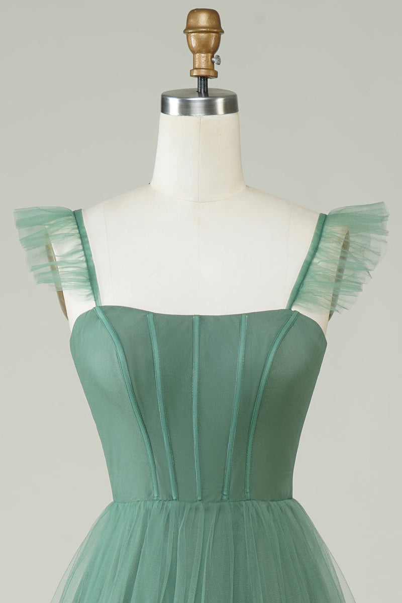 Load image into Gallery viewer, En linje spaghetti stropper lang tyll eukalyptus brudepike kjole