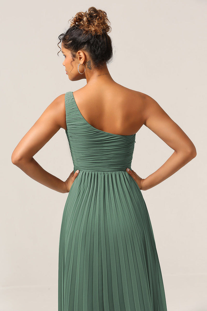 Load image into Gallery viewer, En linje en skulder eukalyptus lang brudepike kjole med ruched