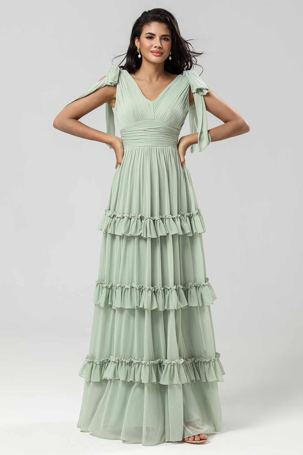 En Line Chiffon Green brudepike kjole med plissert