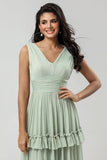 En Line Chiffon Green brudepike kjole med plissert