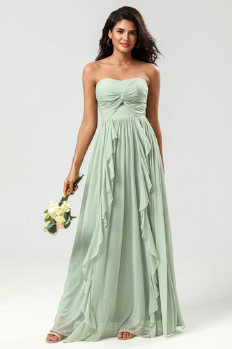 Stroppeløs A Line Chiffon Green brudepike kjole med plissert