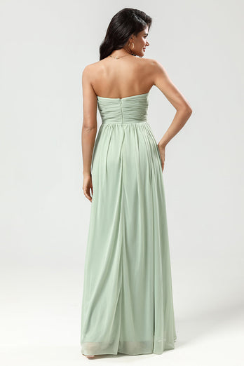 Stroppeløs A Line Chiffon Green brudepike kjole med plissert