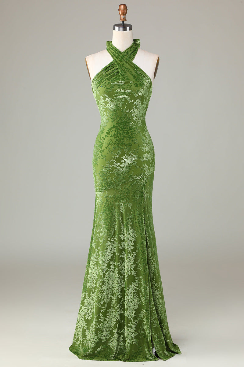 Load image into Gallery viewer, Velvet Halter Olive brudepike kjole