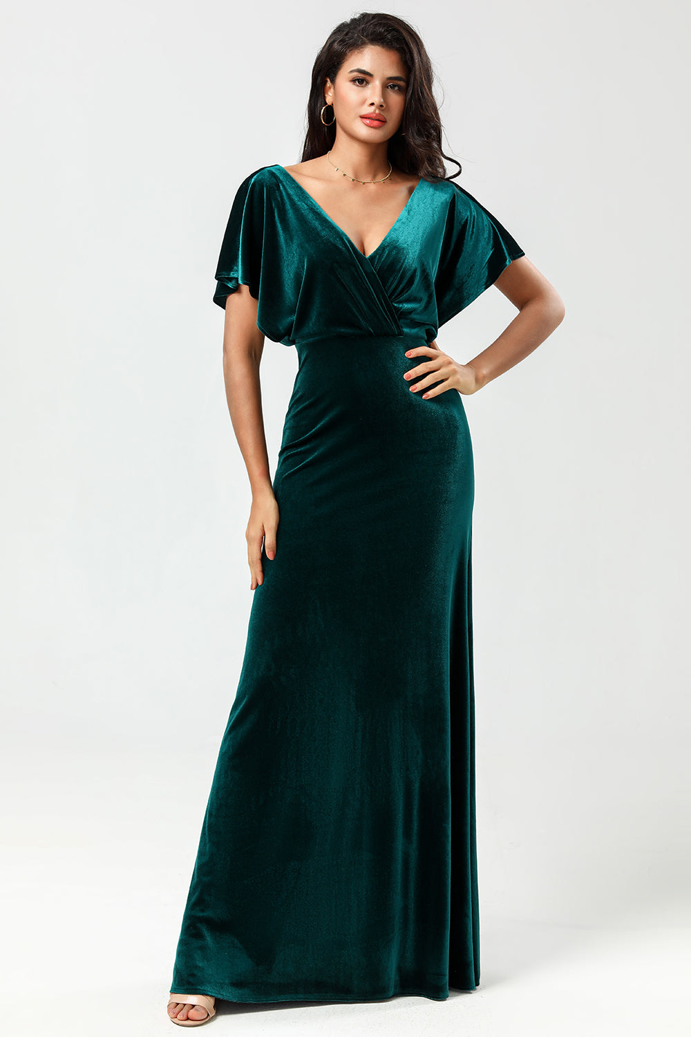 Selvsikker karismatisk A Line V-Neck Peacock Velvet Bridesmaid Dress med Ruffles