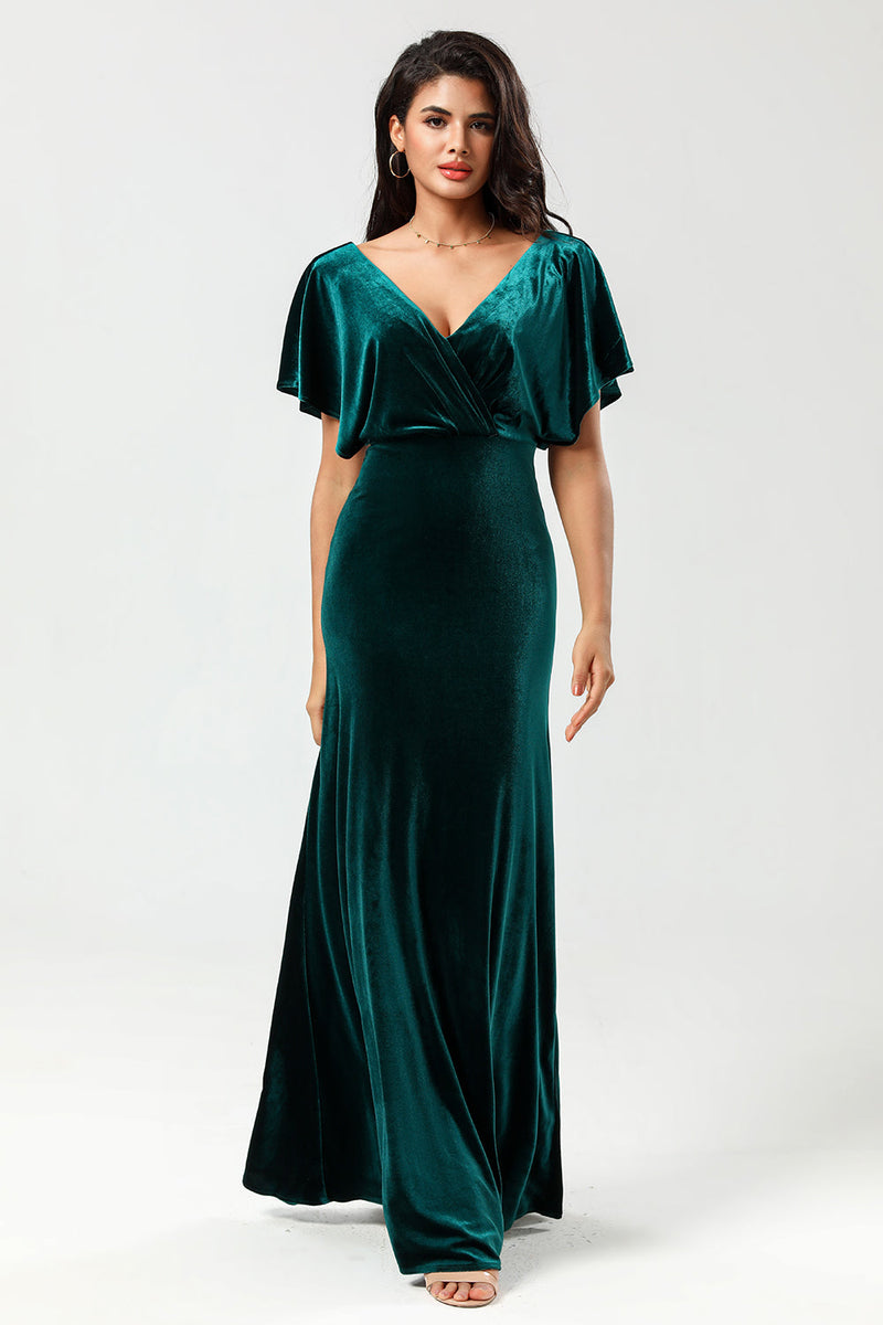 Load image into Gallery viewer, Selvsikker karismatisk A Line V-Neck Peacock Velvet Bridesmaid Dress med Ruffles