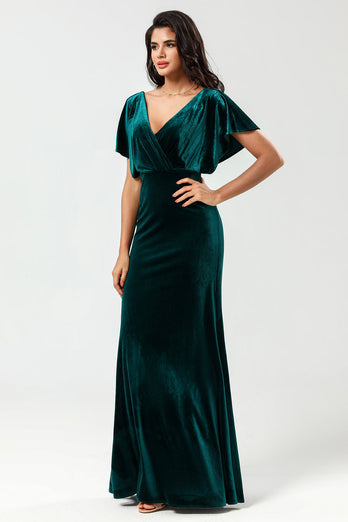 Selvsikker karismatisk A Line V-Neck Peacock Velvet Bridesmaid Dress med Ruffles