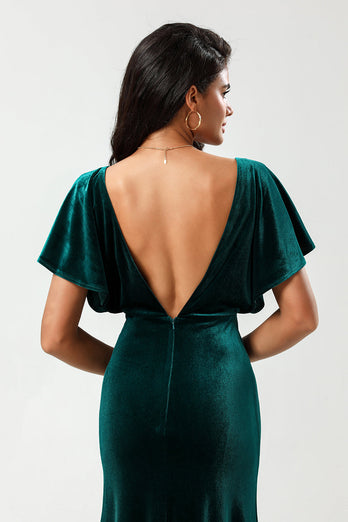 Selvsikker karismatisk A Line V-Neck Peacock Velvet Bridesmaid Dress med Ruffles