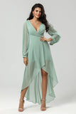 High-low Chiffon A Line Green brudepike kjole med lange ermer