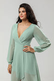 High-low Chiffon A Line Green brudepike kjole med lange ermer