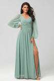 A Line Green Long Sleeves Bridesmaid Dress med Slit