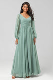 A Line Green Long Sleeves Bridesmaid Dress med Slit