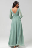 A Line Green Long Sleeves Bridesmaid Dress med Slit