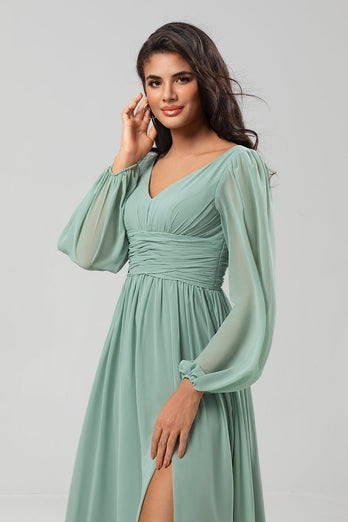 A Line Green Long Sleeves Bridesmaid Dress med Slit