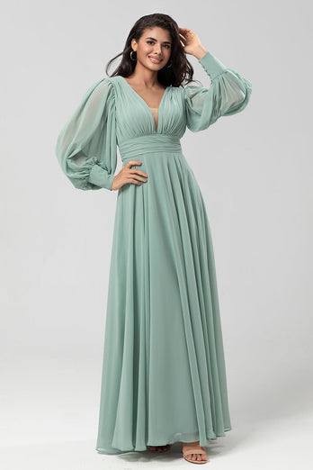 Avtakbare langermer Chiffon Green brudepike kjole med plissert
