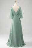 Matcha Batwing ermer Long Chiffon brudepike kjole med Slit