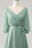 Matcha Batwing ermer Long Chiffon brudepike kjole med Slit