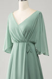 Matcha Batwing ermer Long Chiffon brudepike kjole med Slit