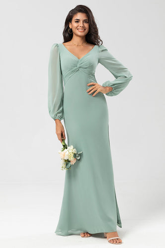 Lange ermer Grønn brudepike kjole med Slit