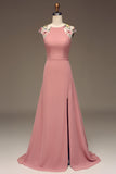 Dusty Rose A-line Chiffon og broderi Maxi brudepike kjole