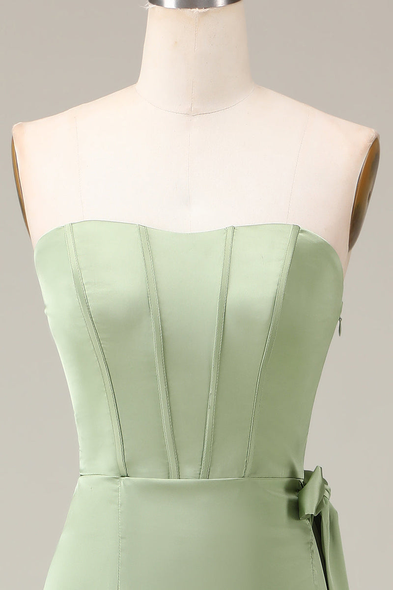 Load image into Gallery viewer, Matcha stroppeløs korsett A-linje sateng brudepike kjole med spalte