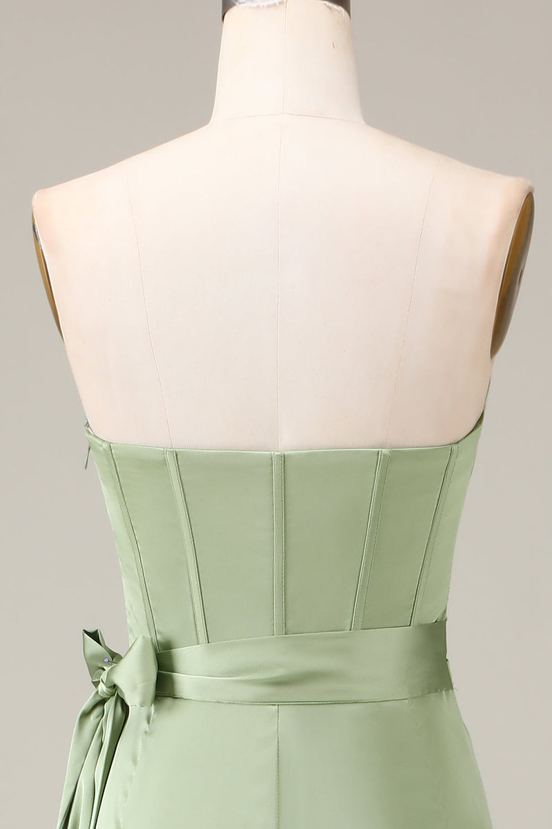 Load image into Gallery viewer, Matcha stroppeløs korsett A-linje sateng brudepike kjole med spalte
