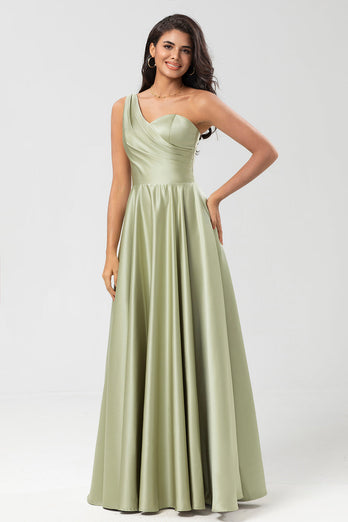 En skulder satenggrønn brudepike kjole med lommer