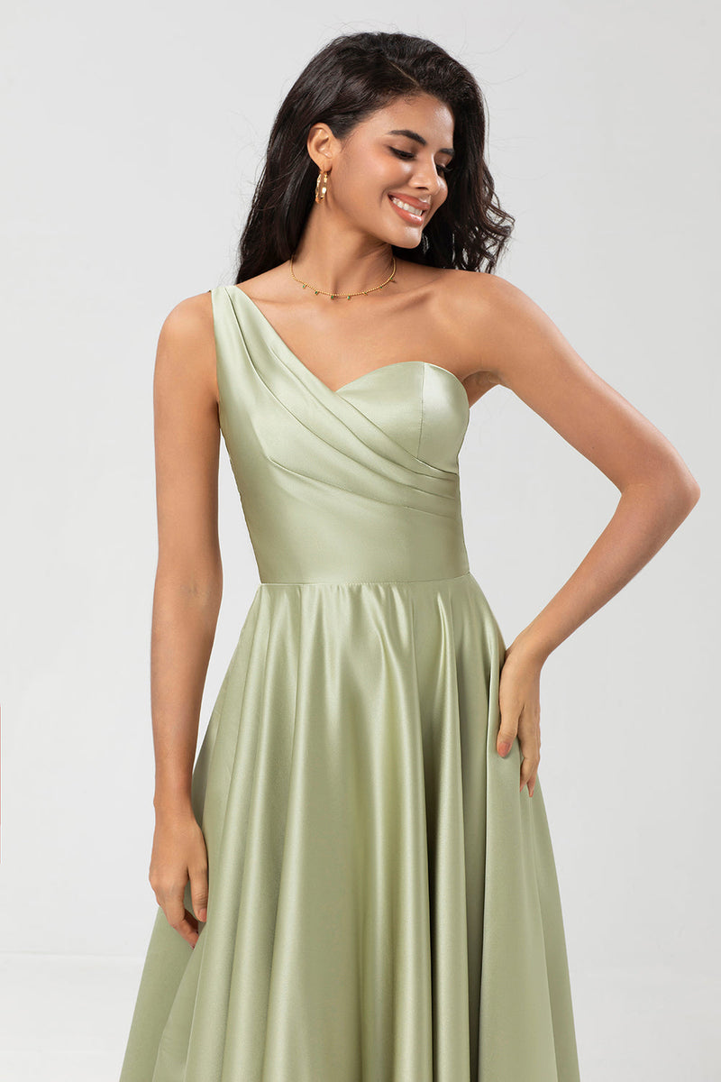Load image into Gallery viewer, En skulder satenggrønn brudepike kjole med lommer