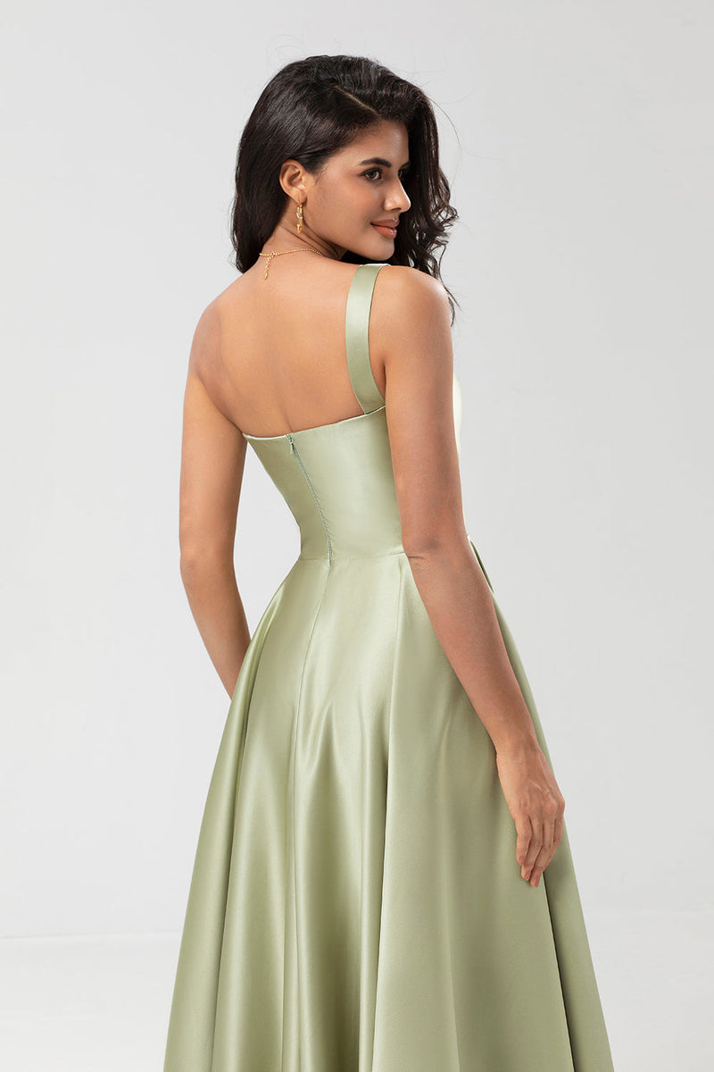 Load image into Gallery viewer, En skulder satenggrønn brudepike kjole med lommer