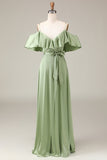 Matcha Spaghetti stropper Cold Shoulder A-line Satin brudepike kjole