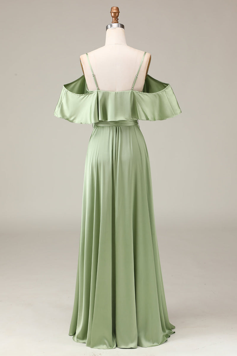 Load image into Gallery viewer, Matcha Spaghetti stropper Cold Shoulder A-line Satin brudepike kjole