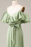 Matcha Spaghetti stropper Cold Shoulder A-line Satin brudepike kjole