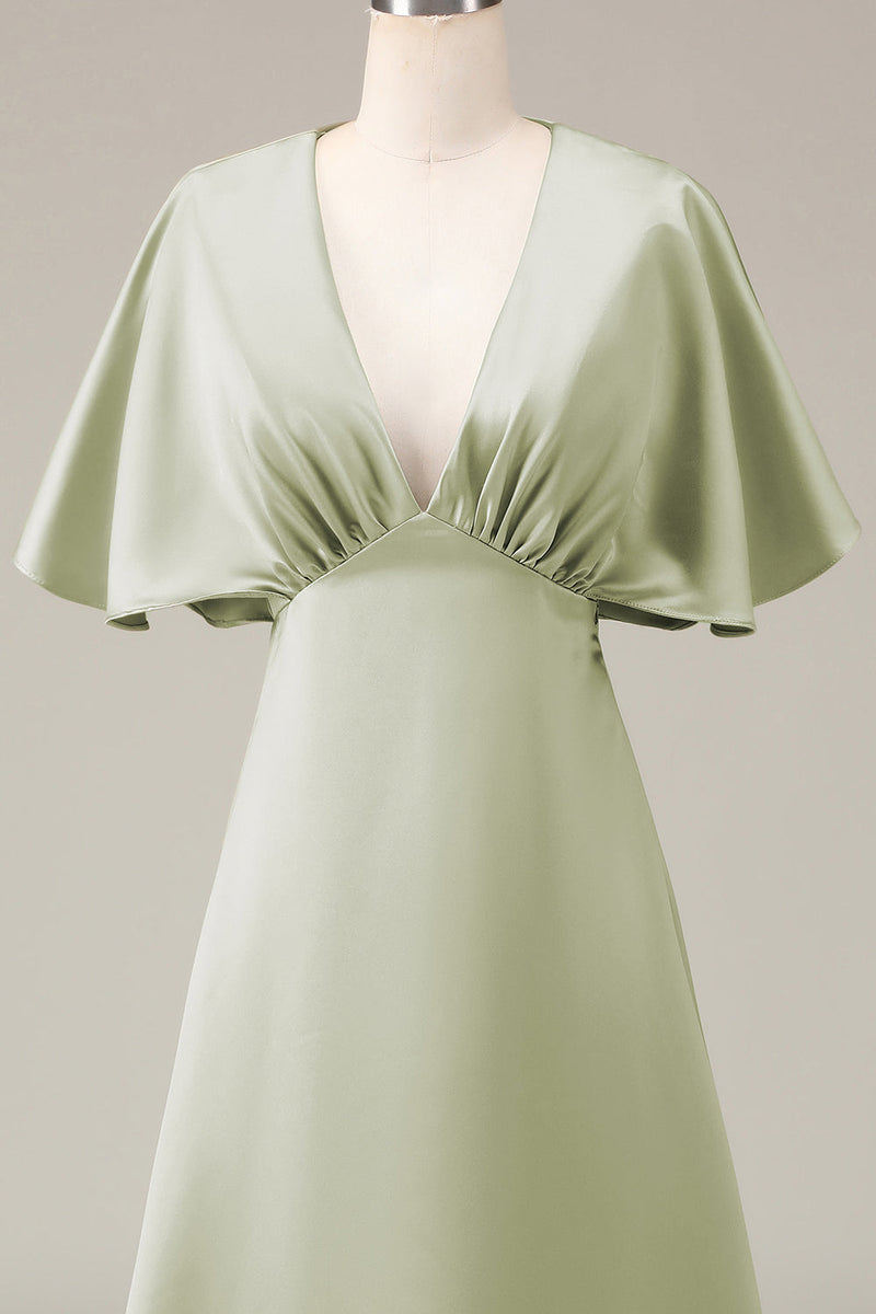 Load image into Gallery viewer, Dusty Sage V-hals korte ermer A-line Satin brudepike kjole