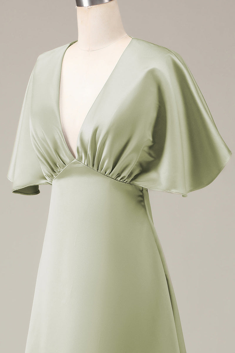 Load image into Gallery viewer, Dusty Sage V-hals korte ermer A-line Satin brudepike kjole