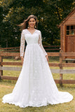 Ivory A-Line V-Neck Lace Sweep Train brudekjole med ermer