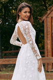 Ivory A-Line V-Neck Lace Sweep Train brudekjole med ermer