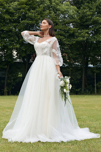 Ivory Puff ermer Korsett brudekjole med 3D Blomster