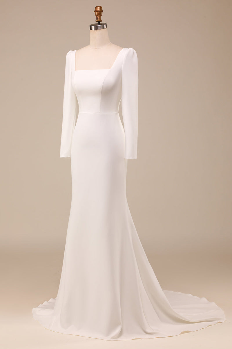 Load image into Gallery viewer, Elfenben havfrue firkantet hals brude kjole med lange ermer
